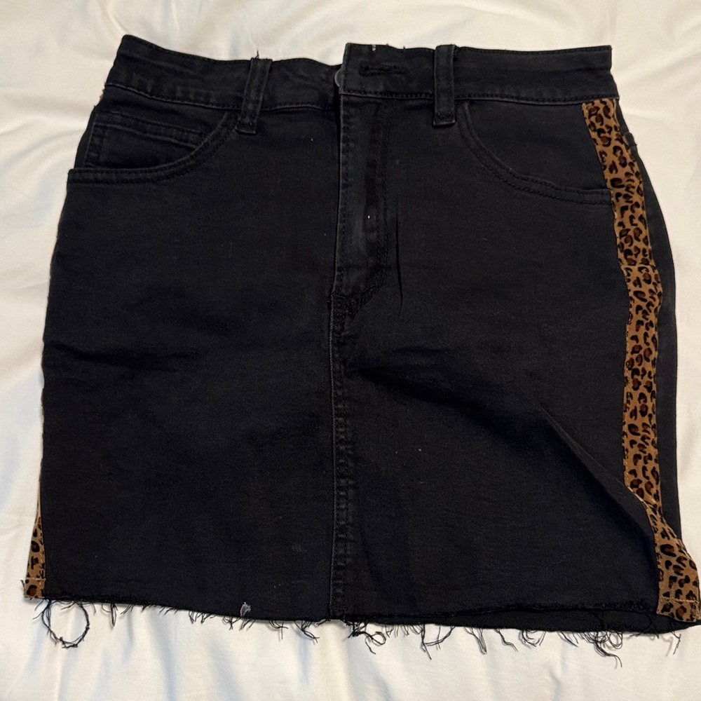Black Denim Skirt with Leopard Print Accent